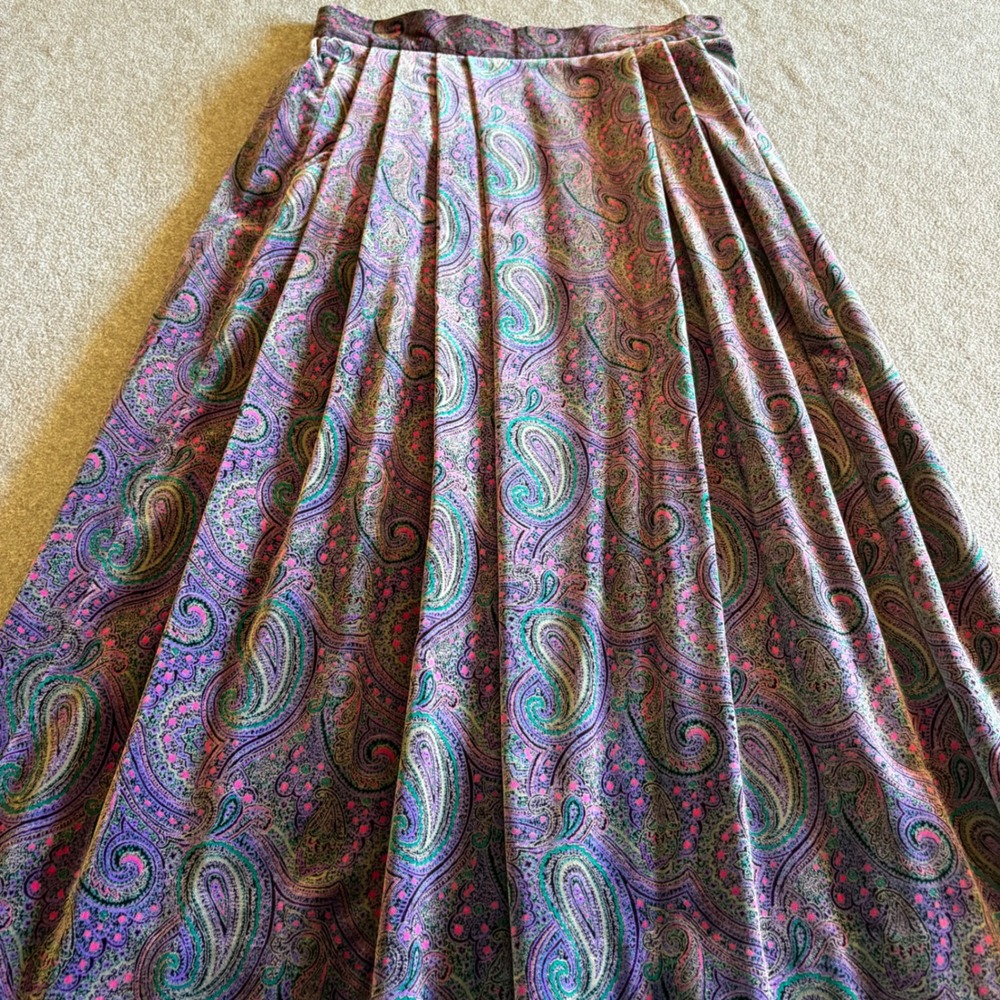 Talbots Paisley Maxi Skirt Cotton Pleated Pockets Velvet 14 Vintage